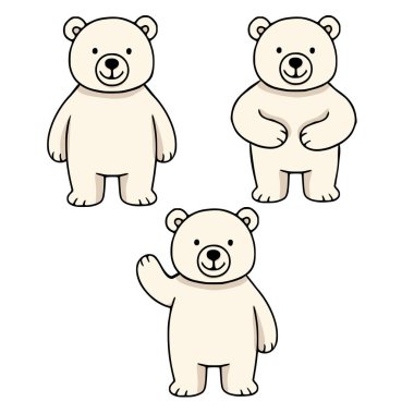 Bir karikatür kutup ayısının üç eşsiz pozunu içeren sevimli vektör illüstrasyonu, çocuk kitapları, tebrik kartları veya eğlenceli tasarımlar için mükemmeldir..