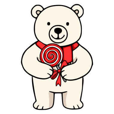 Kırmızı eşarp takan ve kırmızı ve beyaz bir lolipopu kırmızı kurdeleyle bağlayan bir kutup ayısının sevimli temsili..