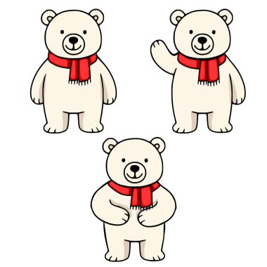 Kırmızı eşarp takan üç kutup ayısının sevimli temsili, her biri eşsiz bir pozda: biri ayakta, biri el sallıyor ve biri patilerini bir arada tutuyor..