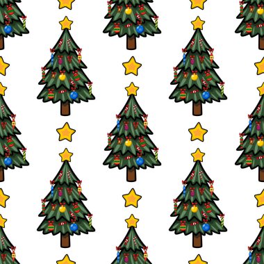Renkli süsler, şeker kamışları ve yıldızlarla süslenmiş biçimlendirilmiş Noel ağaçlarının kusursuz vektör deseni neşeli ve şen bir kış tatili tasarımı yaratıyor..