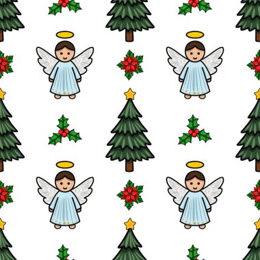 Sevimli melekler, köknar ağaçları, kutsallar, noktalar ve yıldızların yer aldığı kusursuz Noel şenlik tasarımları ve kış kutlamaları için mükemmel..