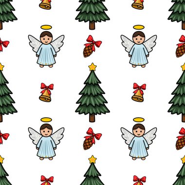 Tapılası meleklerin, Noel ağaçlarının, çanların, kozalakların ve yayların olduğu kusursuz bir vektör deseni var. Bayram tasarımları ve kış tatilleri için mükemmel..