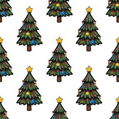 Renkli süsler, şeker kamışları ve bir yıldız ile süslenmiş büyüleyici Noel ağaçlarının kusursuz vektör deseni, neşeli ve neşeli bir kış tatili tasarımı yaratıyor..