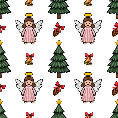 Şirin melekler, köknar ağaçları, çanlar, çam kozalakları ve yıldızlar içeren kusursuz bir Noel deseni. Şenlik tasarımları ve kış tatilleri için mükemmel..