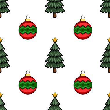 Şekillendirilmiş Noel ağaçları ve kırmızı ve yeşil süslemeleri içeren kusursuz bir vektör deseni, şenlikli tasarımlar ve kış tatili için mükemmel..