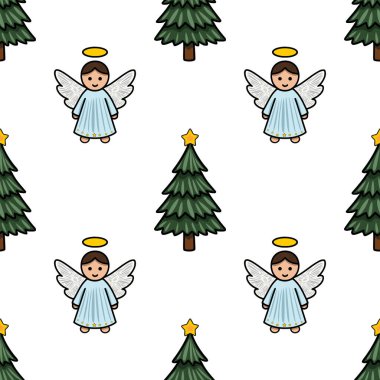 Kusursuz vektör desenli, açık mavi cüppeli, sarı yıldızlarla süslenmiş büyüleyici yeşil Noel ağaçlarıyla süslenmiş sevimli çizgi film meleklerine sahip..