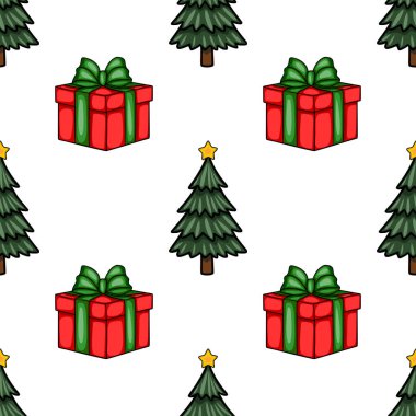 Yıldızlarla süslenmiş el yapımı Noel ağaçları ve yeşil kurdelelerle süslenmiş kırmızı hediyeler içeren kusursuz bir vektör deseni. Neşeli bir tatil tasarımı yaratıyor..