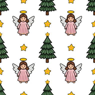 Sevimli meleklerin, Noel ağaçlarının ve yıldızların yer aldığı kusursuz vektör desenleri, şenlikli tasarımlar ve kış tatilleri için mükemmel..