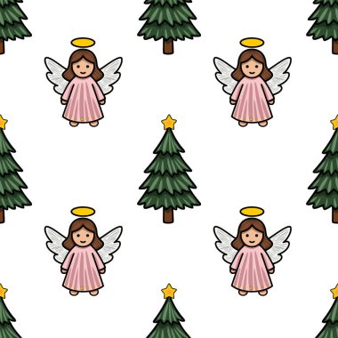 Pembe elbiseli ve büyüleyici köknar ağaçlı sevimli meleklerin yer aldığı kusursuz Noel deseni, tatil projeleri için mükemmel şenlikli ve kaprisli bir tasarım yaratıyor..