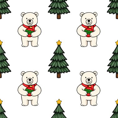 Güzel kutup ayılarının süslerini ve biçimlendirilmiş Noel ağaçlarını içeren kusursuz bir Noel deseni. Çekici ve şenlikli bir tasarım yaratıyorlar..