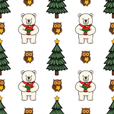 Güzel kutup ayılarının süsleri, baykuşların yıldızlarla ve baykuşların yemyeşil ağaçlarla süslenip büyüleyici bir kış harikalar diyarı tasarımı oluşturduğu kusursuz bir Noel deseni..