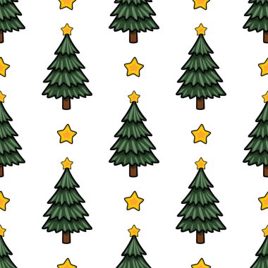 Altın yıldızlı biçimlendirilmiş Noel ağaçlarının kusursuz vektör deseni, şenlikli kış tasarımları ve tatil geçmişleri için mükemmel..