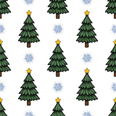 Altın yıldızlarla süslenmiş ve el değmemiş beyaz bir zemin üzerinde narin kar taneleriyle süslenmiş biçimlendirilmiş Noel ağaçlarını içeren kusursuz bir vektör deseni, şenlikli tasarımlar için ideal..