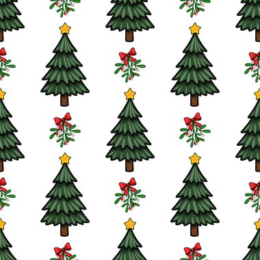 Sarı yıldızlarla süslenmiş, kırmızı kurdeleli ökse otu dallarıyla süslenmiş, neşeli ve şen şakrak bir kış tasarımı yaratan kusursuz Noel ağacı deseni..