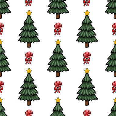 Sarı yıldızlarla süslenmiş biçimlendirilmiş Noel ağaçlarını içeren kusursuz bir vektör deseni ve yanında kırmızı fiyonklu lolipoplar, neşeli ve neşeli bir kış tasarımı yaratıyor..