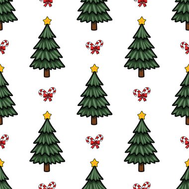 Sarı yıldızlarla süslenmiş, kırmızı yaylarla bağlanmış şeker kamışlarıyla tamamlanmış, stilize edilmiş Noel ağaçlarını içeren kusursuz vektör deseni, şenlikli bir kış tasarımı yaratıyor..