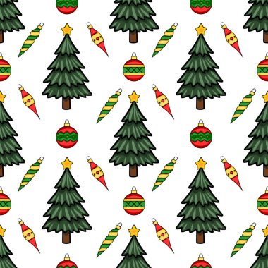 Şenlikli tatil tasarımları için kırmızı, yeşil ve altından oluşan canlı bir palet içeren biçimlendirilmiş Noel ağaçları, süsler ve yıldızların kusursuz vektör deseni.