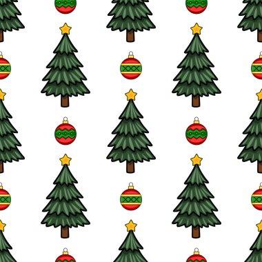 Şıklaştırılmış Noel ağaçları, yıldızlar ve süsleri neşeli, karikatür tarzında, şenlikli tasarımlar ve kış tatilleri için mükemmel olan kusursuz vektör deseni..