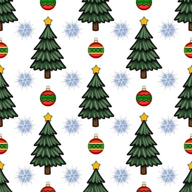 Şıklaştırılmış Noel ağaçları, kar taneleri ve süsleri neşeli, karikatür tarzında, şenlikli tasarımlar ve kış kutlamaları için mükemmel..