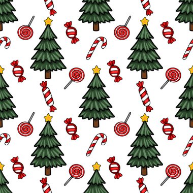 Altın yıldızlarla süslenmiş büyüleyici Noel ağaçlarının yanı sıra canlı lolipoplar, şeker kamışları ve paketlenmiş şekerler, neşeli ve neşeli bir kış harikalar diyarı yaratıyor....