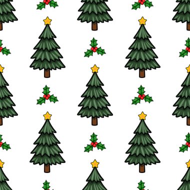 Altın yıldızlı ve kutsal meyveli biçimlendirilmiş Noel ağaçlarının kusursuz vektör deseni kış tatili için mükemmel neşeli bir tasarım yaratıyor..