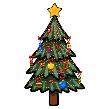 Renkli mücevherlerle süslenmiş bir Noel ağacının gösterişli temsili. Şeker kamışları, yaylar ve bir yıldız. Kaprisli, karikatürist tarzı..