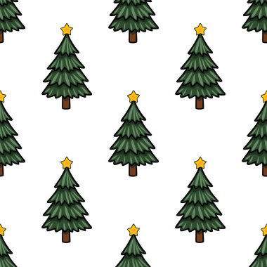 Altın yıldızlı biçimlendirilmiş Noel ağaçlarının kusursuz vektör deseni, şenlikli arka planlar ve kış tasarımları için mükemmel..