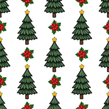 Sarı yıldızlar ve canlı noktalı çiçeklerle süslenmiş biçimlendirilmiş her daim yeşil ağaçları içeren kusursuz bir Noel deseni, neşeli ve neşeli bir kış tasarımı yaratıyor..