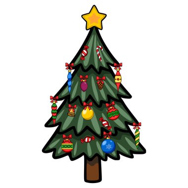 Renkli süsler, şeker kamışları ve yaylarla süslenmiş bir Noel ağacının resmi. Bayram tasarımları için mükemmel..