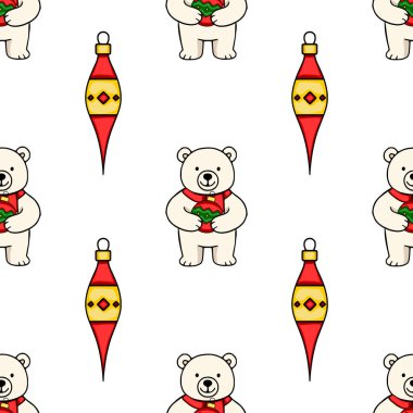 Kırmızı eşarplı sevimli kutup ayılarının Noel süsleri taşıdığı kusursuz bir vektör deseni ve beyaz bir arka planda kırmızı ve altın Noel ağacı süslemeleri, bayram için mükemmel....
