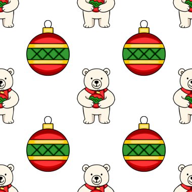 Noel süsleri taşıyan sevimli kutup ayılarını içeren kusursuz vektör deseni tatil temalı projeler için büyüleyici ve şenlikli bir kış tasarımı yaratıyor..