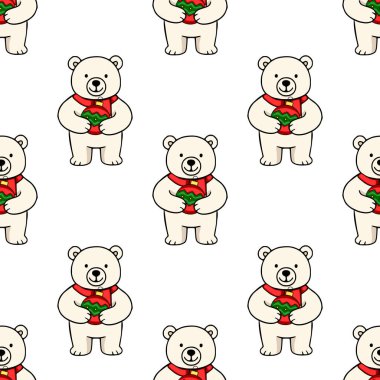 Noel süsleri taşıyan kırmızı eşarplı şirin kutup ayılarının kusursuz vektör deseni, şenlikli kış tasarımları için mükemmel..