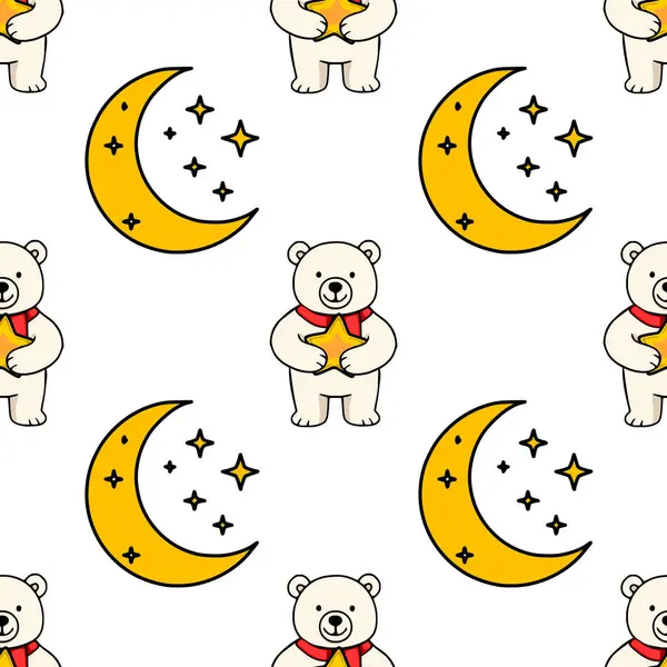 Kırmızı eşarplı sevimli kutup ayılarının hilal ve parıldayan yıldızlarla birlikte altın yıldızları tutarak büyüleyici ve kaprisli bir gece gökyüzü tasarımı oluşturduğu kusursuz bir vektör deseni..