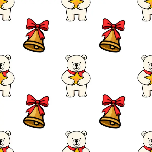 Sevimli kutup ayılarının elinde altın yıldızlar ve kırmızı yaylı bayram çanları olan kusursuz vektör desenleri Noel temalı büyüleyici bir tasarım yaratıyor..