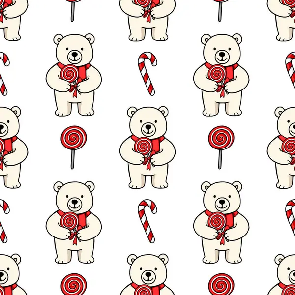Sevimli kutup ayılarının kırmızı eşarplarla süslenmiş ve Noel temalı büyüleyici bir dizayn yaratarak şeker kamışlarıyla süslenmiş lolipoplar taşıdığı kusursuz bir vektör deseni..