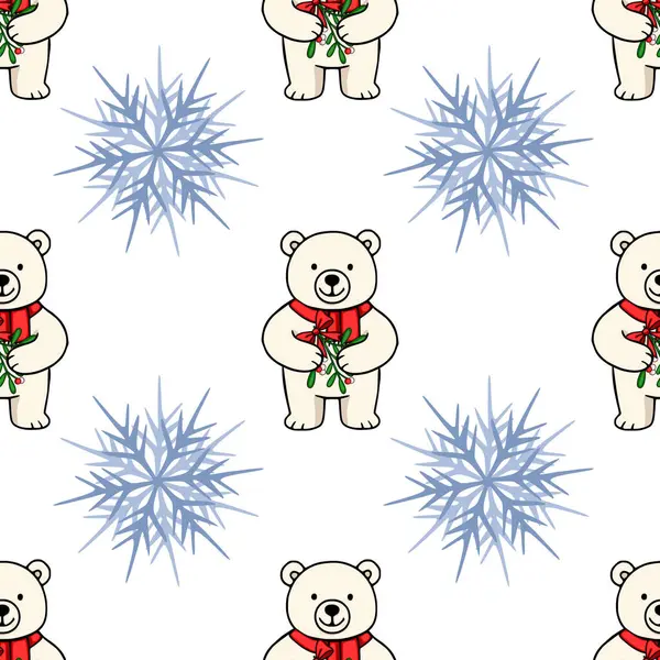 Kırmızı eşarplı sevimli kutup ayılarının, beyaz arka planda narin mavi kar taneleriyle karıştırılmış ökse otu dalları taşıdığı kusursuz bir vektör deseni var. Şenlikli kış tasarımları için mükemmel..