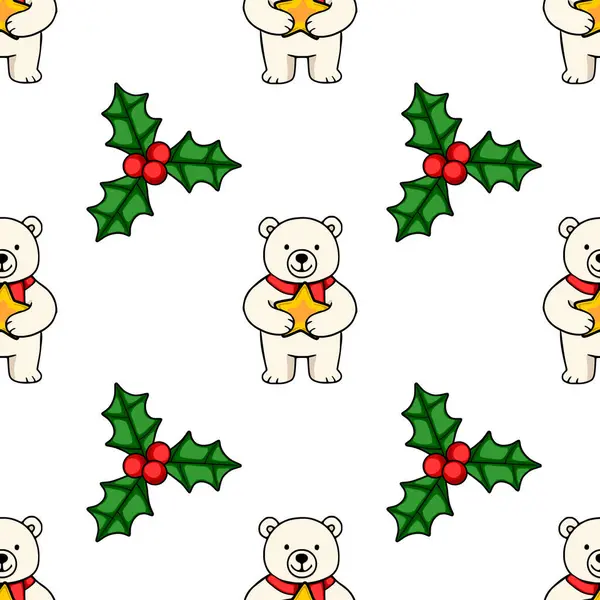 Harika kutup ayılarının elinde altın yıldızlar ve Noel temalı tasarımlar için mükemmel şenlikli çoban püskülleri olan kusursuz bir vektör deseni var..