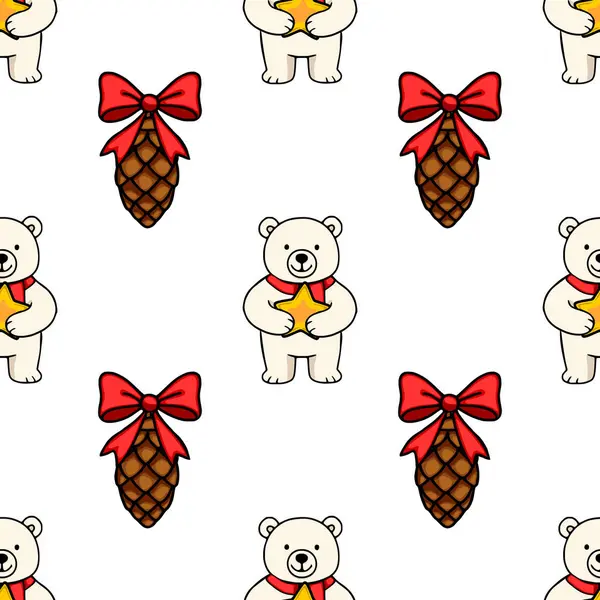 Çok sevimli kutup ayılarının çam kozalaklarında kırmızı kurdelelerle süslenip büyüleyici bir Noel tasarımı oluşturduğu kusursuz bir vektör deseni..