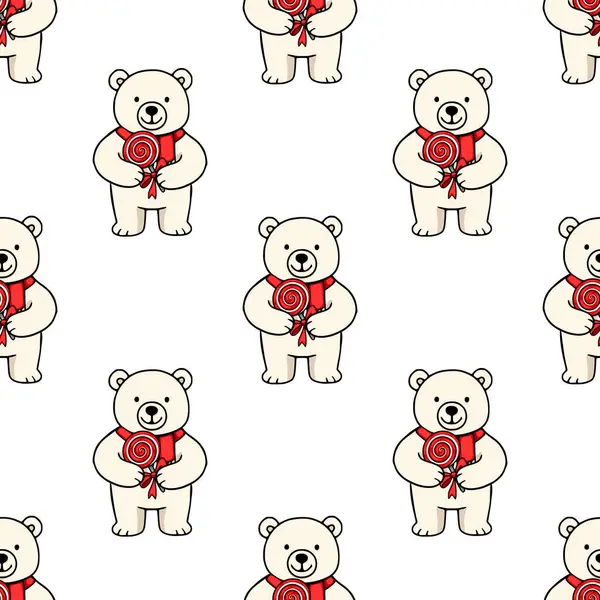 Kurdelelerle bağlanmış kırmızı lolipoplar tutan sevimli kutup ayılarının kusursuz vektör deseni, kış tatili veya tatlı temalı projeler için mükemmel büyüleyici ve şenlikli bir tasarım yaratıyor..