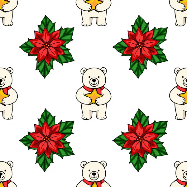 Sevimli kutup ayılarının elinde altın yıldızlar ve canlı noktalar olan kusursuz bir Noel deseni, neşeli ve neşeli bir kış tasarımı yaratıyor..