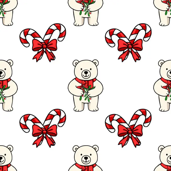 Kırmızı kurdelelerle bağlanmış ökseotu filizi ve baston şeker tutan sevimli kutup ayılarını içeren kusursuz bir vektör deseni büyüleyici bir Noel tasarımı yaratıyor..