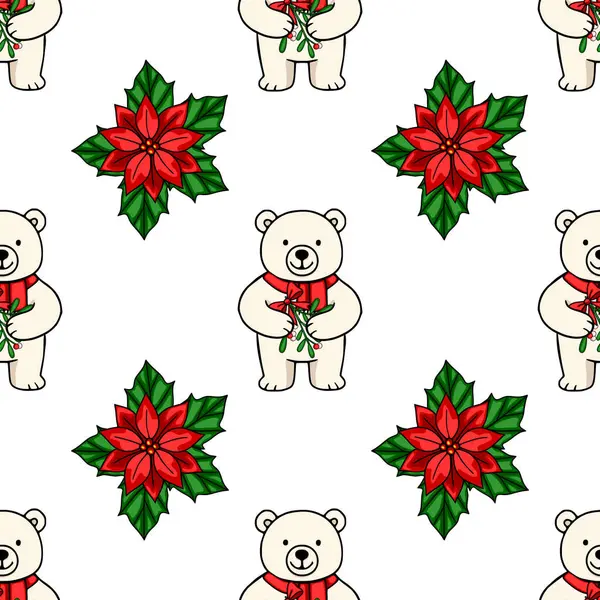 Kırmızı eşarplar takan ve ökseotu dalları tutan sevimli kutup ayılarını içeren kusursuz bir vektör deseni. Parlak noktalarla birleşerek büyüleyici bir Noel tasarımı yaratıyor..