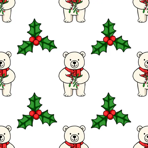 Kırmızı eşarplı şirin kutup ayılarının ökseotu dalları tutarak, neşeli kutsal yapraklar ve böğürtlenlerle karışıp büyüleyici bir Noel tasarımı oluşturduğu kusursuz bir vektör deseni..