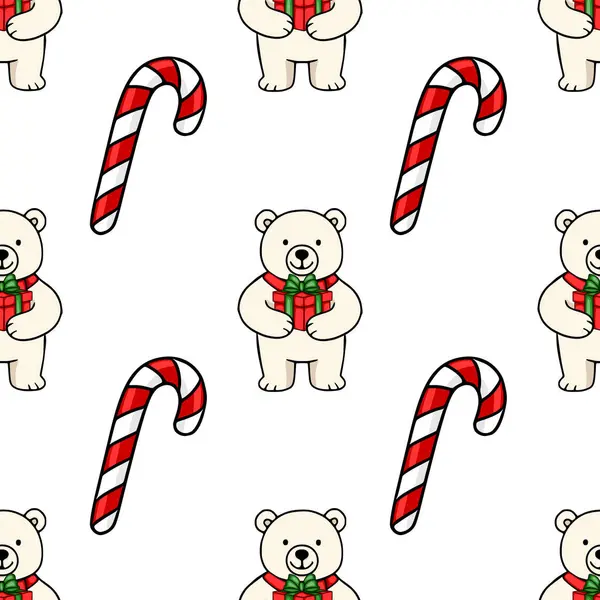 Sevimli kutup ayılarının Noel hediyeleri ve baston şekerlerle neşeli ve şen bir kış tasarımı yarattıkları kusursuz bir vektör deseni..