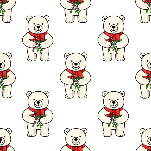 Kırmızı eşarplı şirin kutup ayılarının kusursuz vektör deseni ökseotu dalları tutuyor. Noel ve kış için mükemmel..