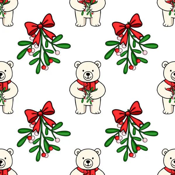 Kırmızı kurdeleli ökseotu dalları tutan sevimli kutup ayılarının kusursuz vektör deseni, Noel şenliği ve kış tatili projeleri için mükemmel..