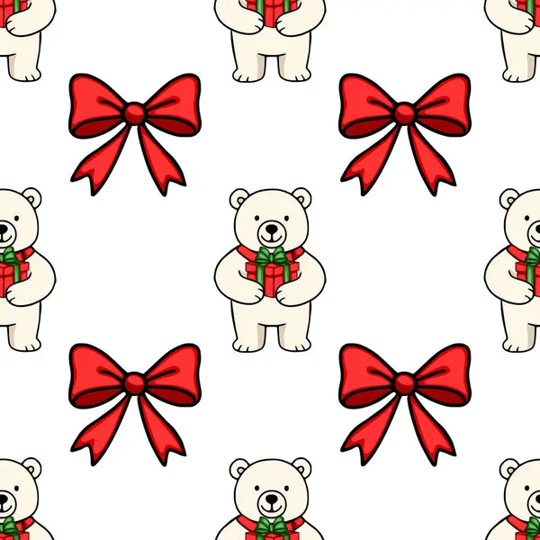 Sevimli kutup ayılarının kırmızı hediyeler ve Noel veya kış tatili tasarımları için mükemmel kırmızı fiyonklar taşıdığı kusursuz bir vektör deseni..