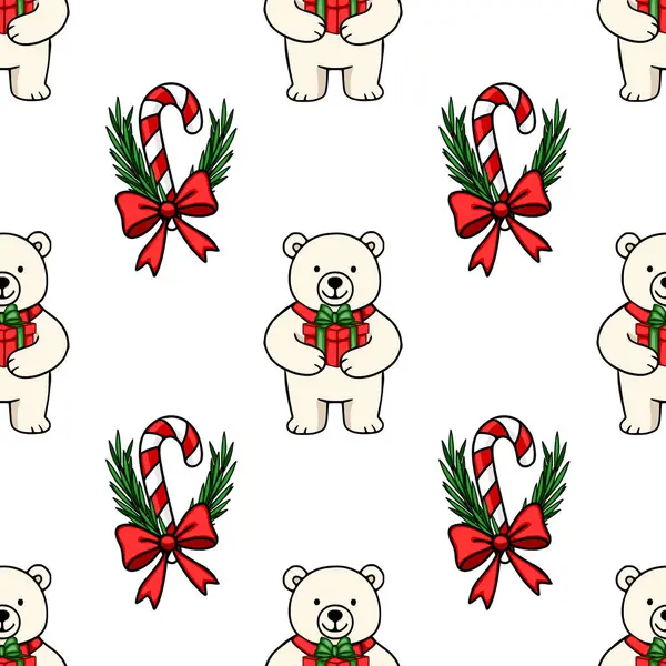 Sevimli kutup ayılarının elinde hediyeler ve kırmızı yaylar ve yeşil dallarla süslenmiş şeker kamışlarıyla kusursuz bir Noel deseni..