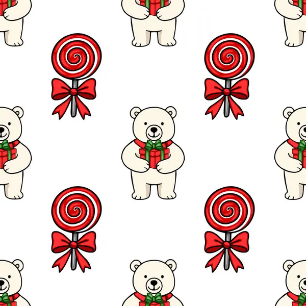 Sevimli kutup ayılarının hediyeler taşıdığı kusursuz bir vektör deseni ve fiyonklu kırmızı lolipoplar, büyüleyici bir Noel tasarımı yaratıyor..
