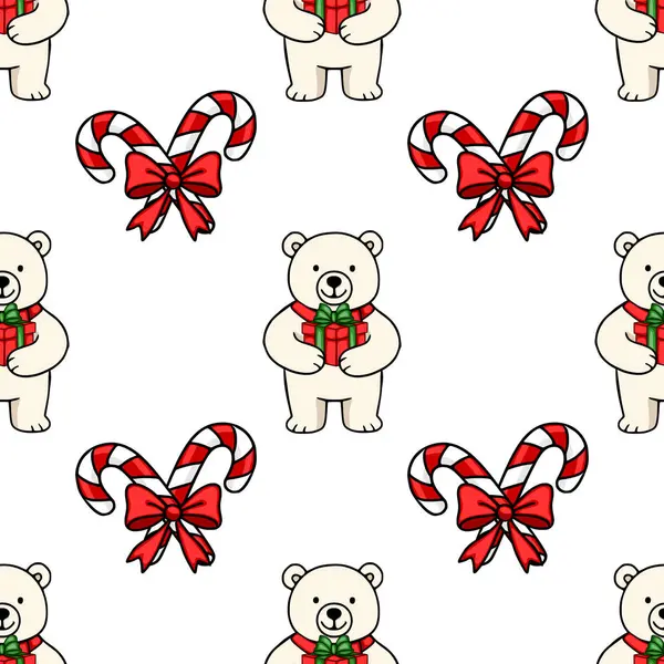 Sevimli kutup ayılarının elinde hediyeler ve kırmızı yaylı şeker kamışları olan kusursuz bir vektör deseni, neşeli ambalaj kağıdı veya kış tatili için mükemmel bir Noel tasarımı yaratıyor....